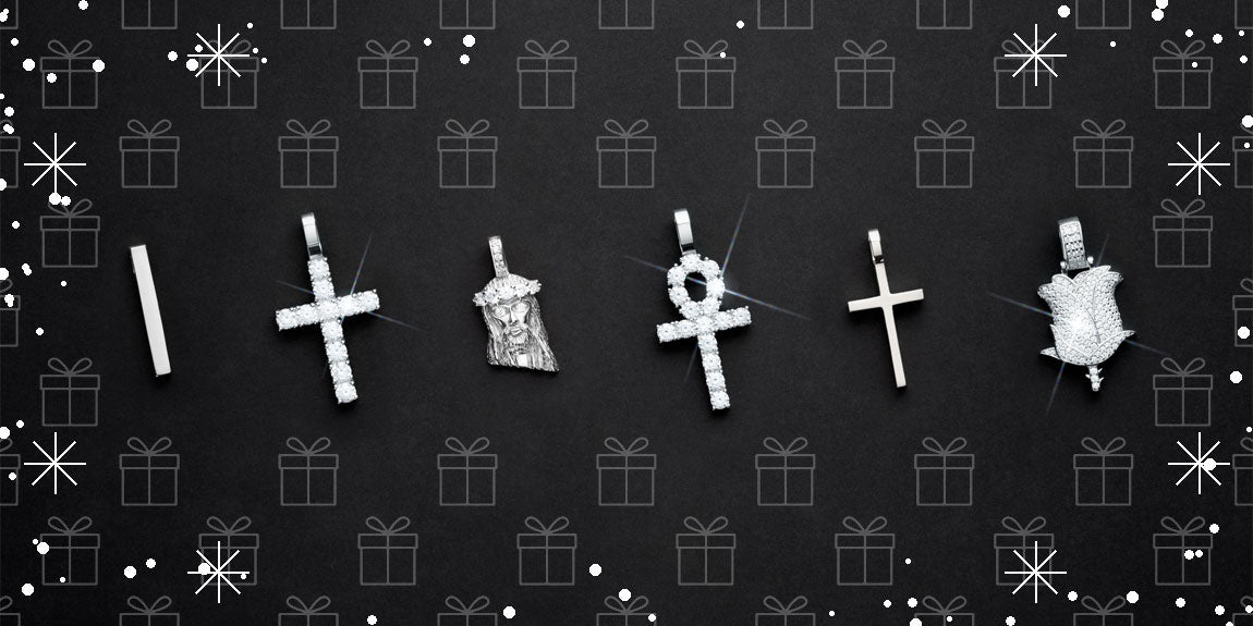6 silver pendants on black background with decorative Christmas gift box graphic