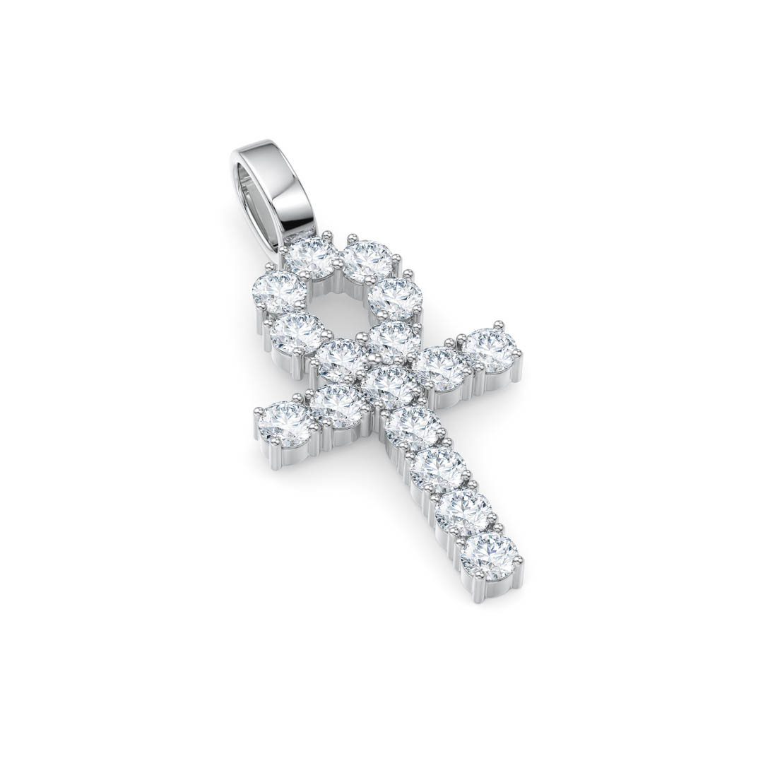 Silver Diamond Ankh Pendant side angle laying on table