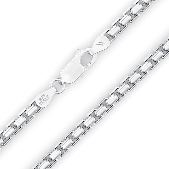 Silver Round Box Chain with 925 Italy stamp on lobster clasp