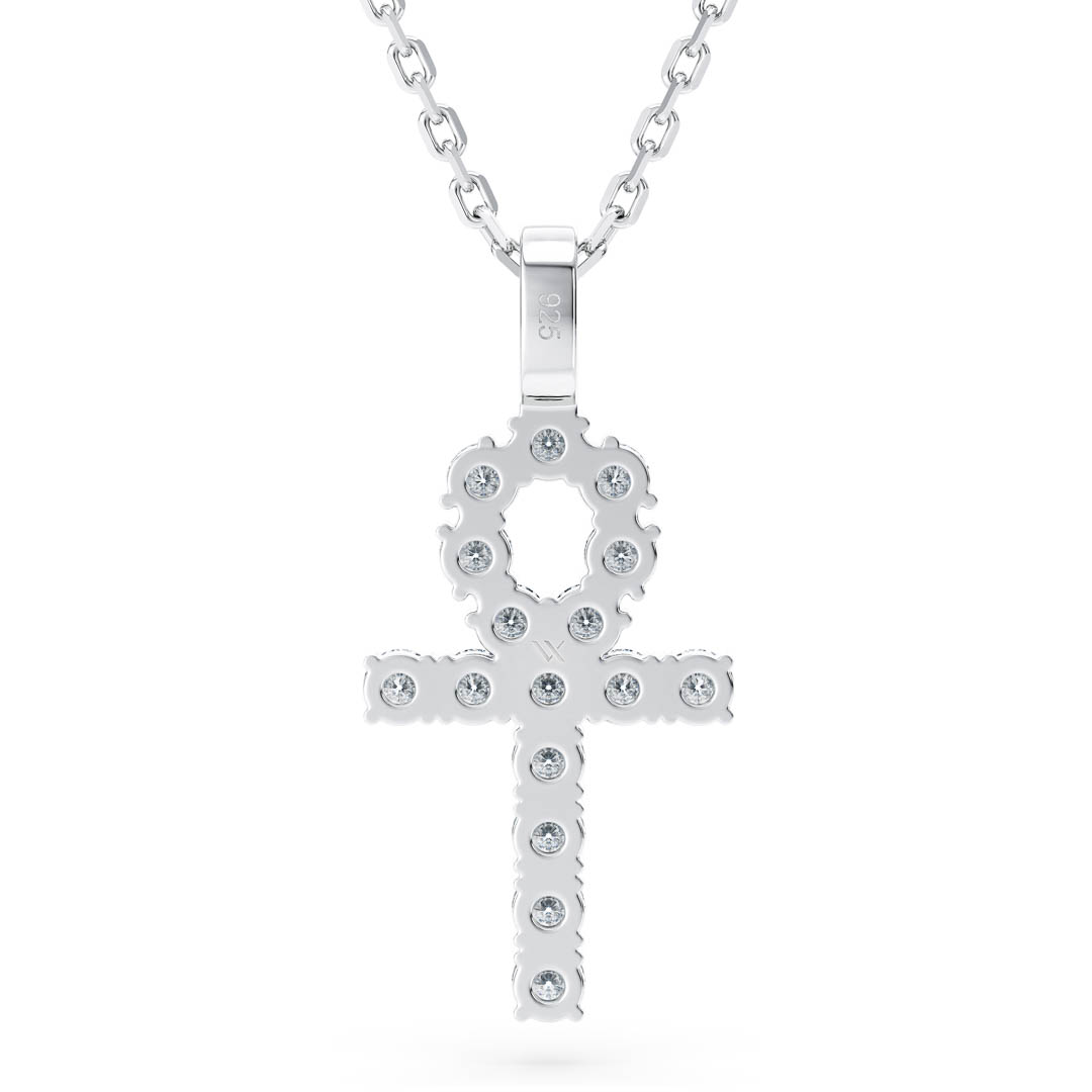back side of 925 silver ankh necklace with white diamonds
