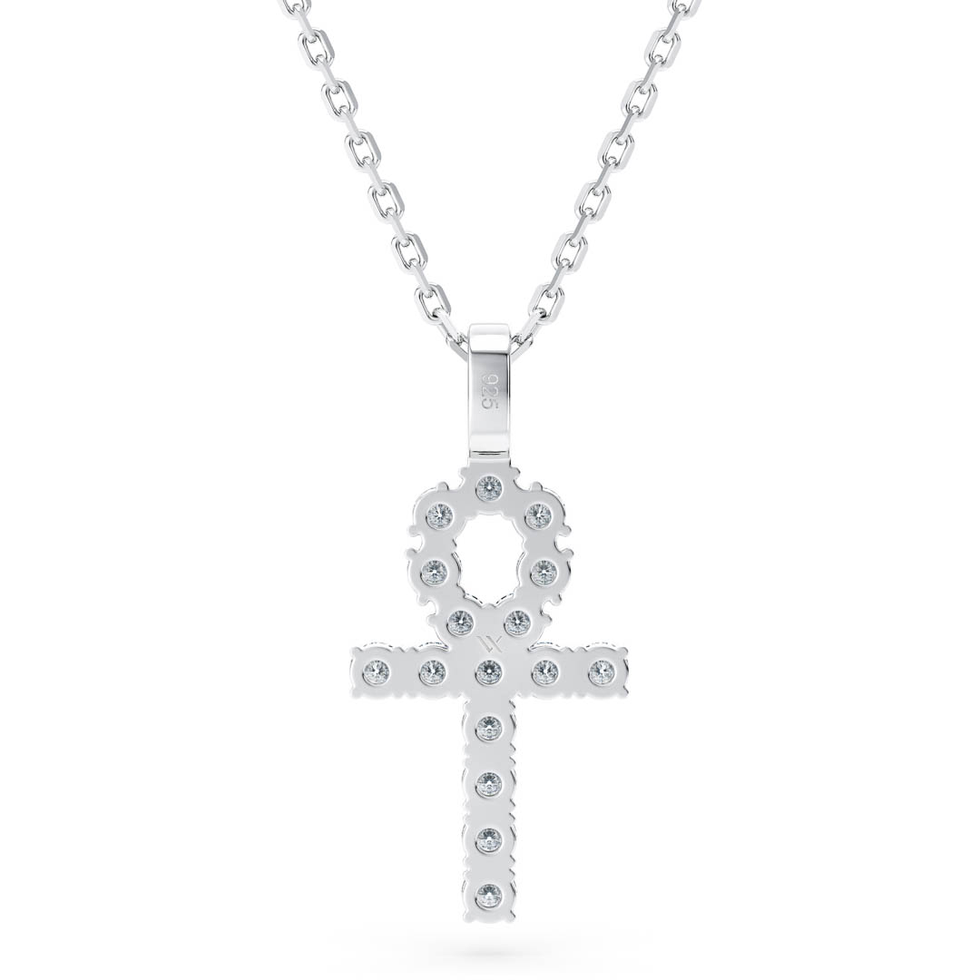 Back side of ankh pendant with silver chain, 925 hallmark, and VX logo