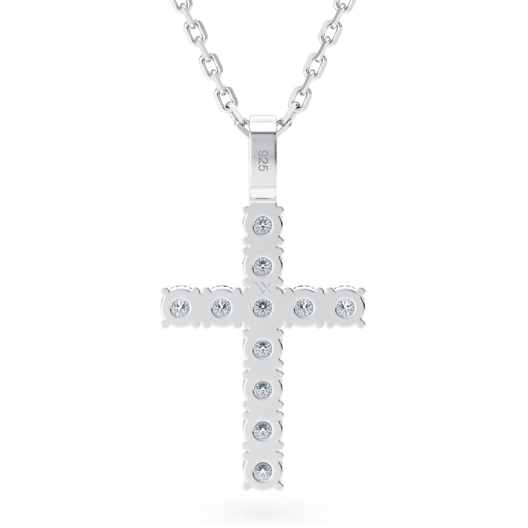 Silver diamond cross back side with diamond breathing holes and 925 engraving