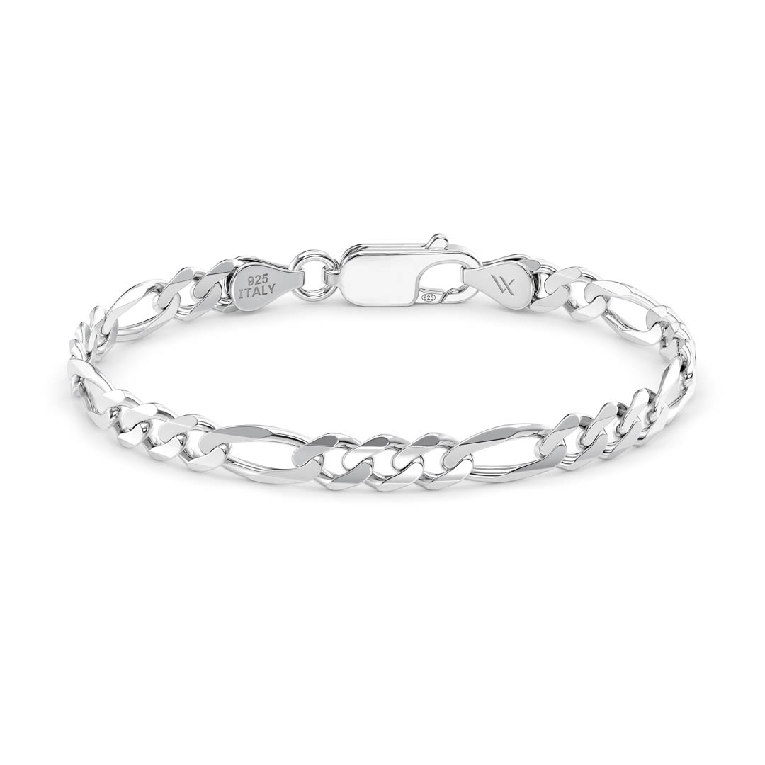 Sterling silver Figaro bracelet on white background with "925 Italy" on clasp