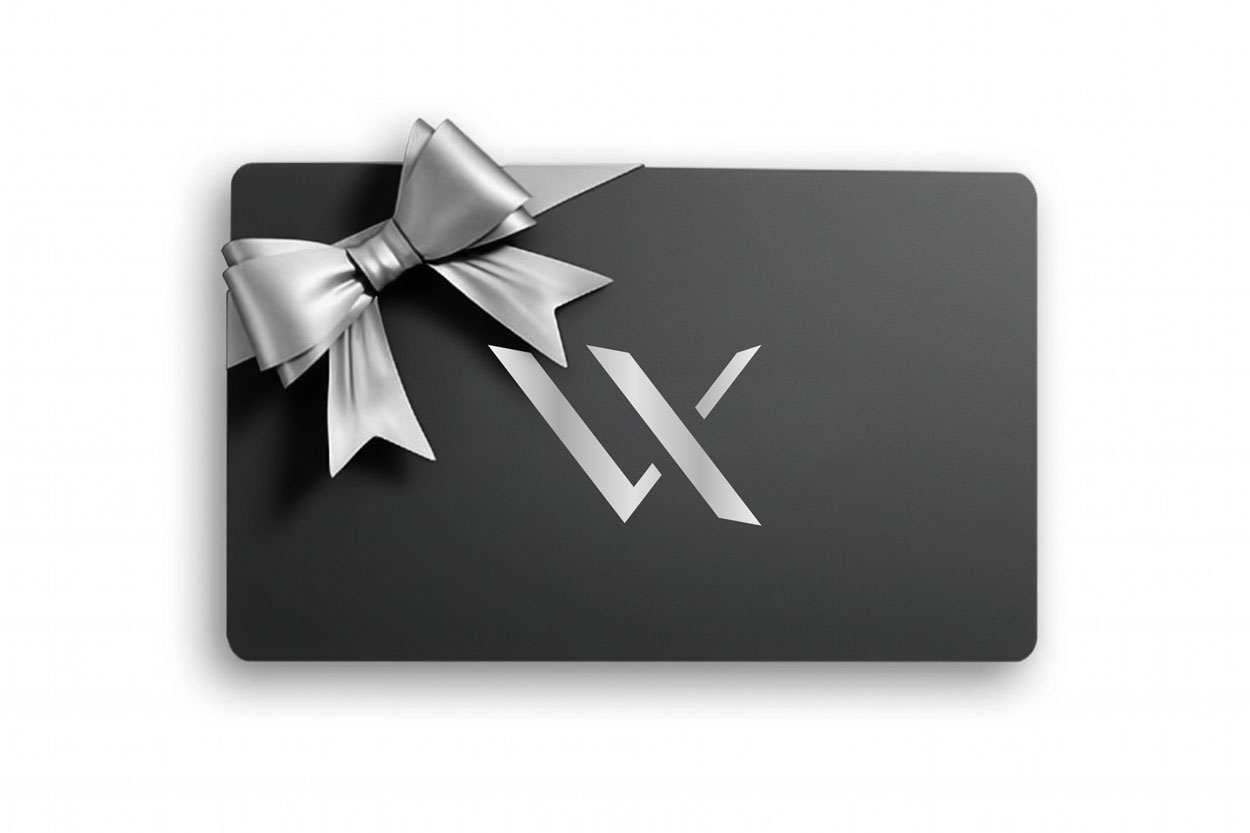 Black Van Xander gift card with silver bow and VX logo on a white background