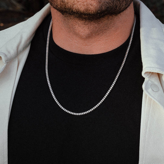 Man wearing a silver 3mm Franco necklace over a black shirt. Size: 24"