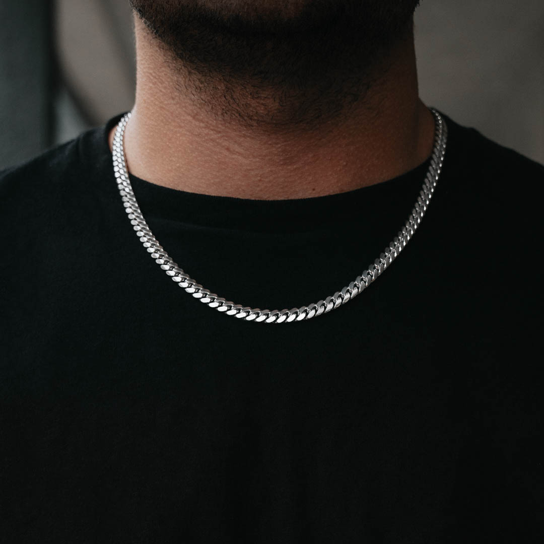 Man model wearing 7mm Cuban Link Chain on neck Size: 22"