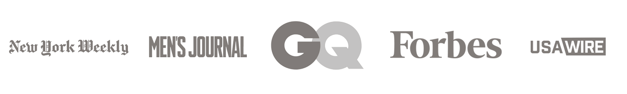 Logos of New York Weekly, Men's Journal, GQ, Forbes, and USA Wire arranged horizontally