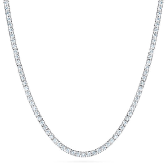 Diamond tennis necklace made in silver with 3mm stones hanging in front of white background