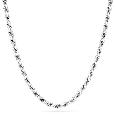Sterling Silver Rope Chain necklace with 4mm wide links hanging on white background