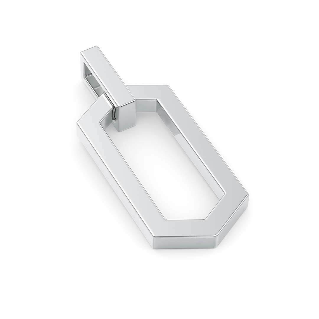 Silver geometric hexagon shape Dog Tag pendant laying on white background