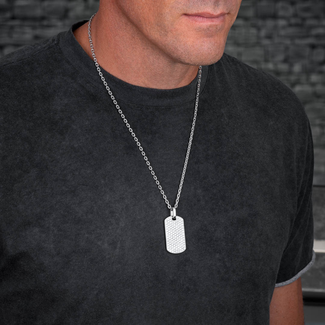 Diamond Dog Tag Pendant | Sterling Silver